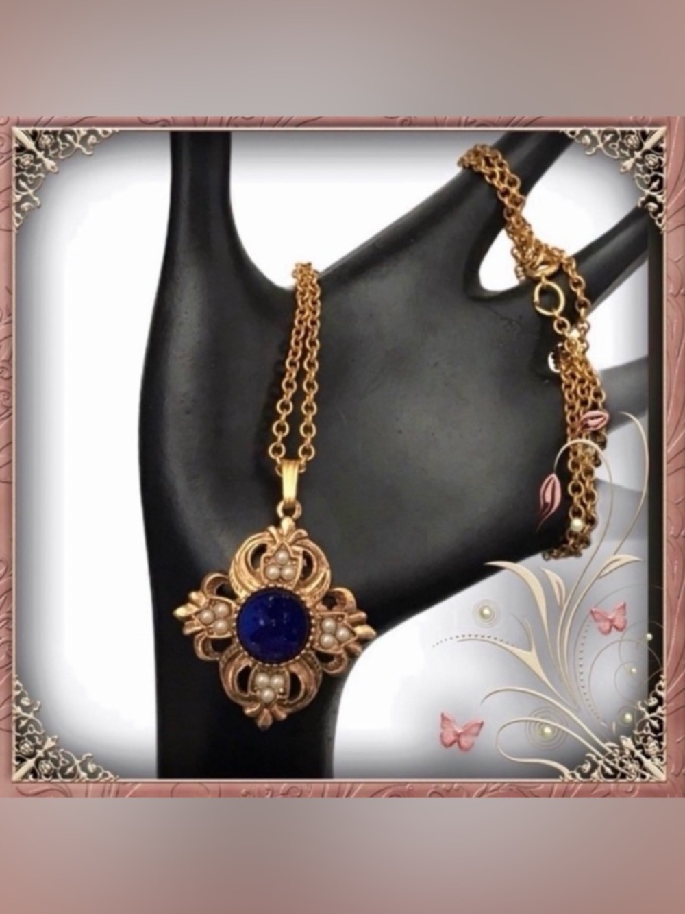 Vintage-Inspired Lapis Gold Pendant Necklace with Deep Blue Center